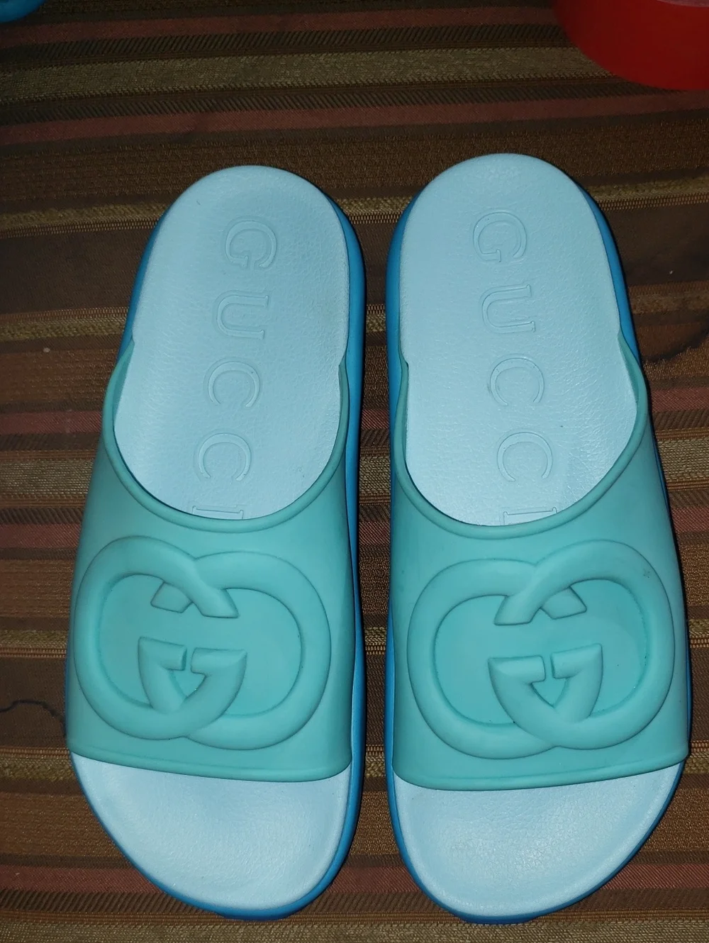 Gucci Teal and Light Blue Rubber Slide Sandals